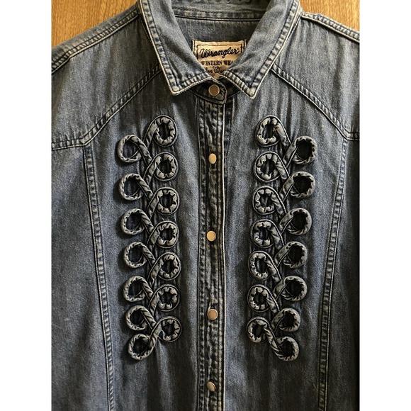 WRANGLER Vintage Western Wear for Women Blue Denim Ruffle Long Sleeve Cotton  L - Picture 2 of 13